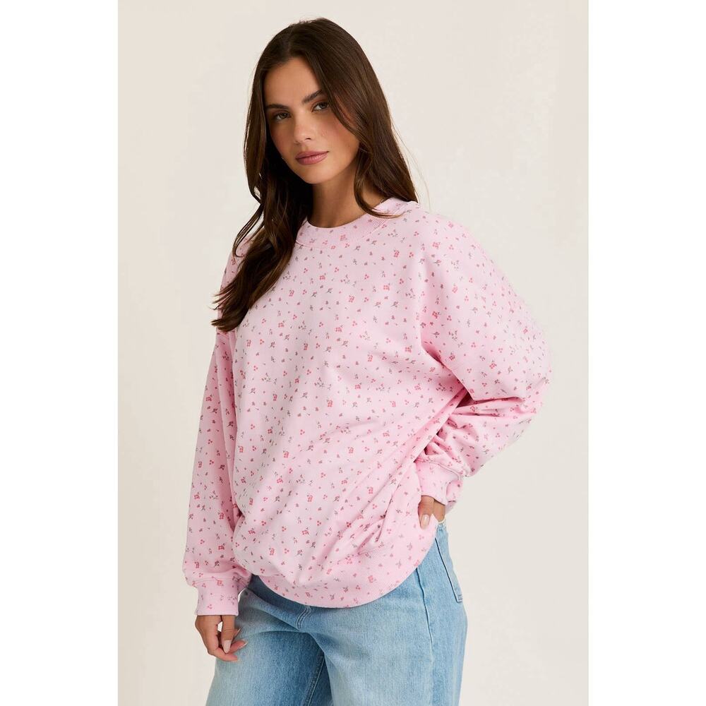 NEW LE LIS Boutique Size Small Long Sleeve Pullover Rosy Pink Mini Ditsy Floral